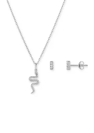 Sterling Silver Pavé Cubic Zirconia Snake Pendant & Bar Stud Set