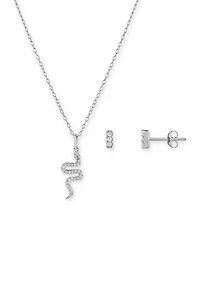 Sterling Silver Pavé Cubic Zirconia Snake Pendant & Bar Stud Set