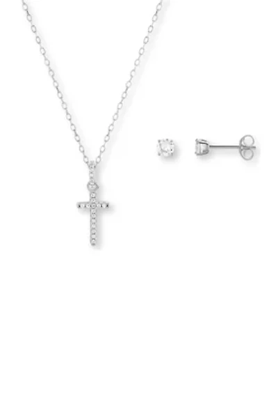 Sterling Silver Cubic Zirconia Pavé Cross pendant & Round Studs Set