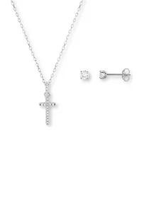 Sterling Silver Cubic Zirconia Pavé Cross pendant & Round Studs Set