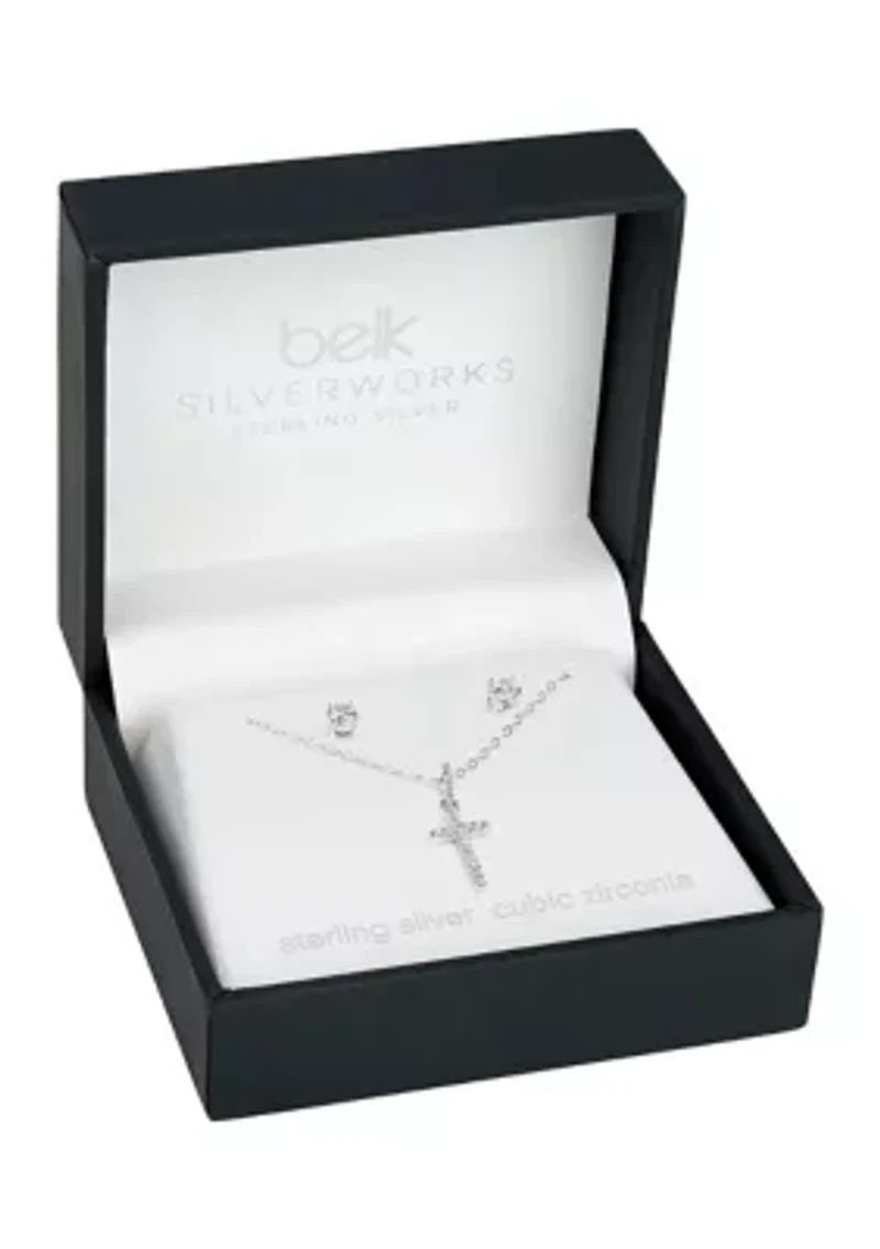 Sterling Silver Cubic Zirconia Pavé Cross pendant & Round Studs Set