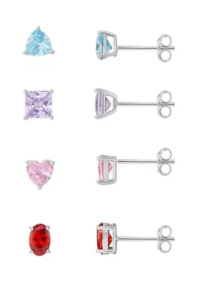 Sterling Silver Cubic Zirconia Multi Shaped Multi Color 4-Pair Studs Set