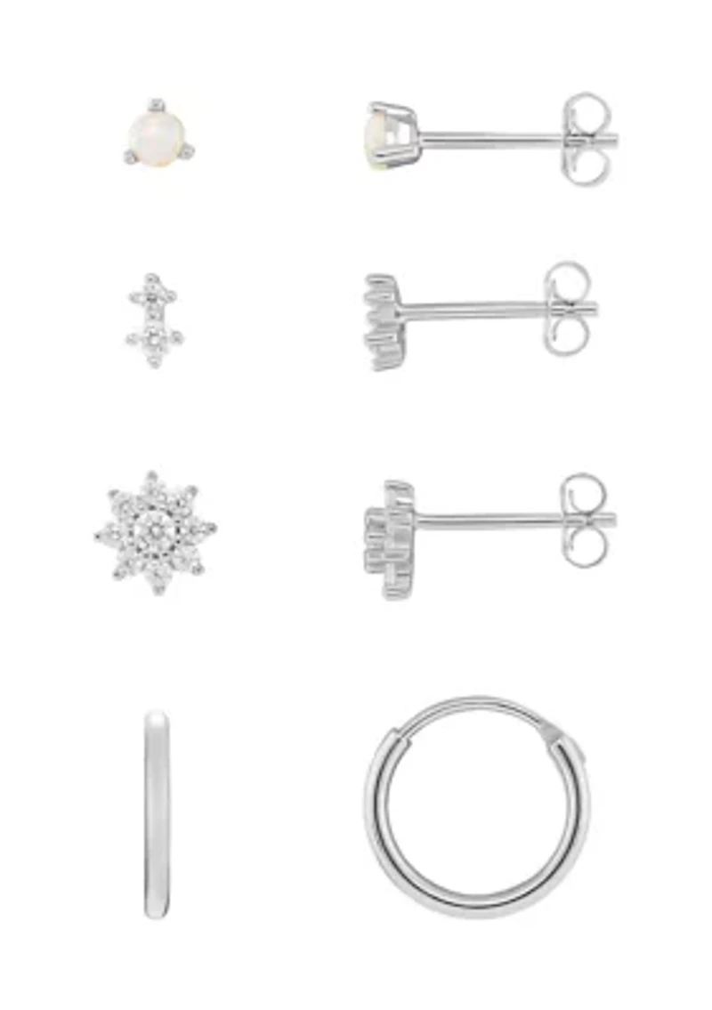 Sterling Silver Cubic Zirconia Opal Double Flower Hoop 4-Pair Earrings Set