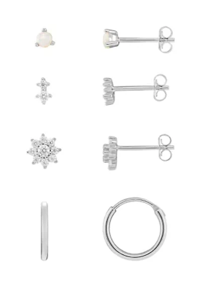 Sterling Silver Cubic Zirconia Opal Double Flower Hoop 4-Pair Earrings Set