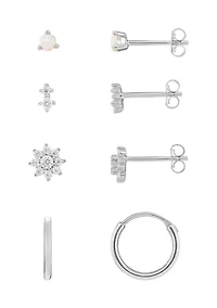 Sterling Silver Cubic Zirconia Opal Double Flower Hoop 4-Pair Earrings Set