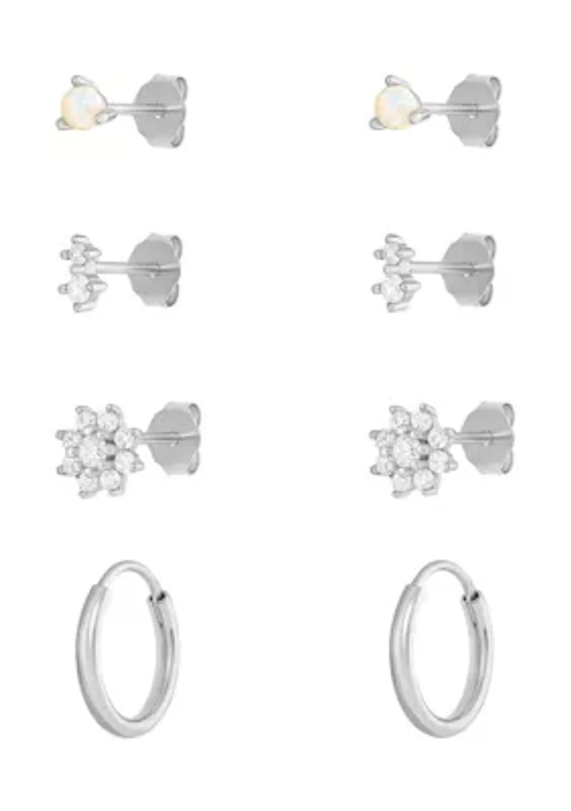 Sterling Silver Cubic Zirconia Opal Double Flower Hoop 4-Pair Earrings Set