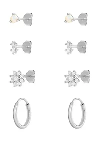 Sterling Silver Cubic Zirconia Opal Double Flower Hoop 4-Pair Earrings Set