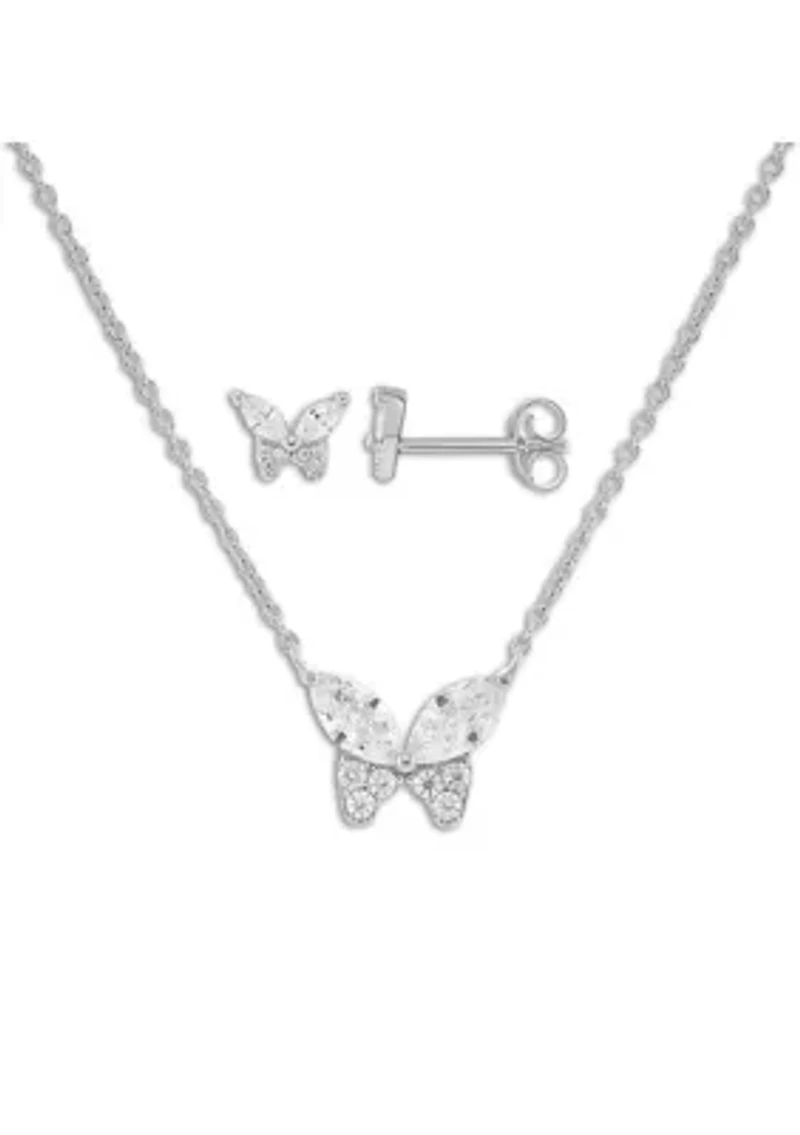 Sterling Silver Cubic Zirconia Butterfly Studs & Necklace Set