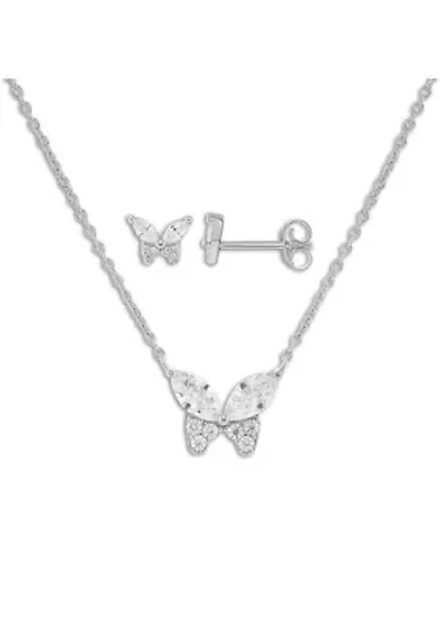 Sterling Silver Cubic Zirconia Butterfly Studs & Necklace Set