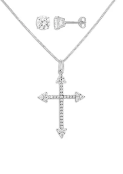 Sterling Silver Cubic Zirconia Round Stud Earrings & Cross Pendant Necklace Set