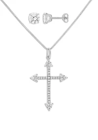 Sterling Silver Cubic Zirconia Round Stud Earrings & Cross Pendant Necklace Set