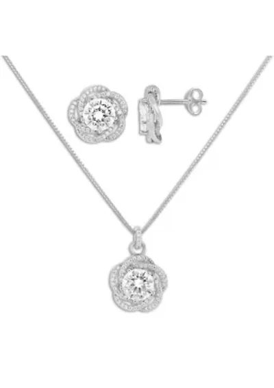 Sterling Silver Cubic Zirconia Pavé Love Knot Stud Earrings & Pendant Necklace Set