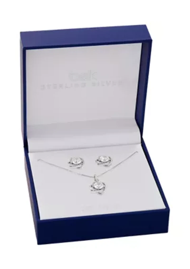 Sterling Silver Cubic Zirconia Pavé Love Knot Stud Earrings & Pendant Necklace Set