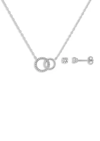 Sterling Silver Round Cubic Zirconia Stud Earrings and Polished Interlocking Circle Necklace Set