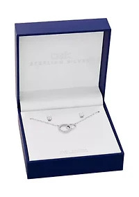 Sterling Silver Round Cubic Zirconia Stud Earrings and Polished Interlocking Circle Necklace Set