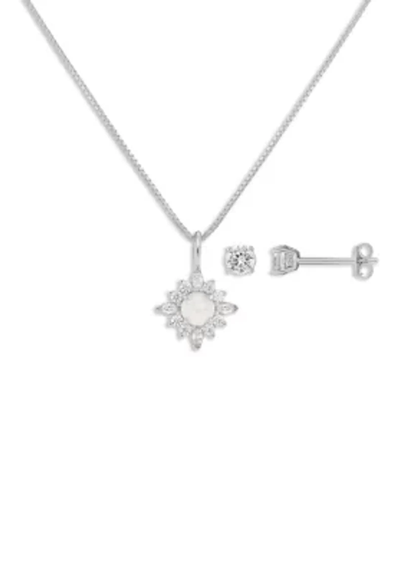 Sterling Silver CZ Opal Cluster Pendant Necklace with Round CZ Studs Set
