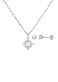 Sterling Silver CZ Opal Cluster Pendant Necklace with Round CZ Studs Set
