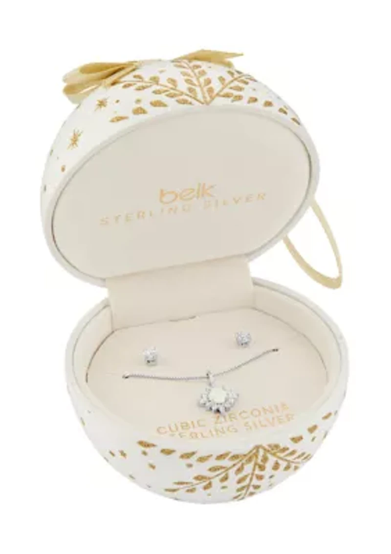 Sterling Silver CZ Opal Cluster Pendant Necklace with Round CZ Studs Set