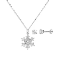 Sterling Silver CZ Snowflake Pendant Necklace with 5mm Round CZ Studs Set
