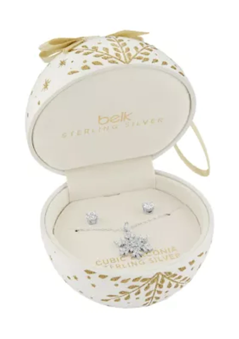 Sterling Silver CZ Snowflake Pendant Necklace with 5mm Round CZ Studs Set