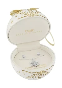 Sterling Silver CZ Snowflake Pendant Necklace with 5mm Round CZ Studs Set