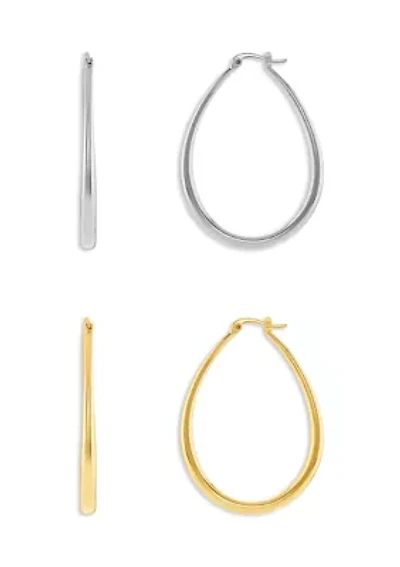 Silver Plated Two Tone 45 Millimeter Oval Hoop Earrings - Set of 2