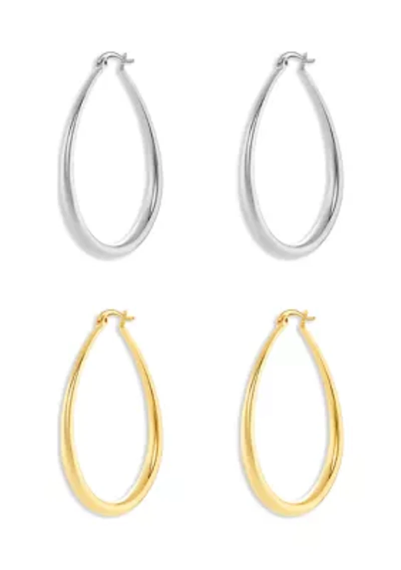 Silver Plated Two Tone 45 Millimeter Oval Hoop Earrings - Set of 2