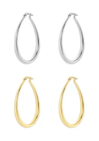 Silver Plated Two Tone 45 Millimeter Oval Hoop Earrings - Set of 2