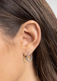 Silver Plated Two Tone 45 Millimeter Oval Hoop Earrings - Set of 2