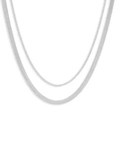 Fine Plated Box & Herringbone Chain Duo Necklace Set