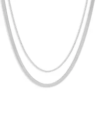 Fine Plated Box & Herringbone Chain Duo Necklace Set