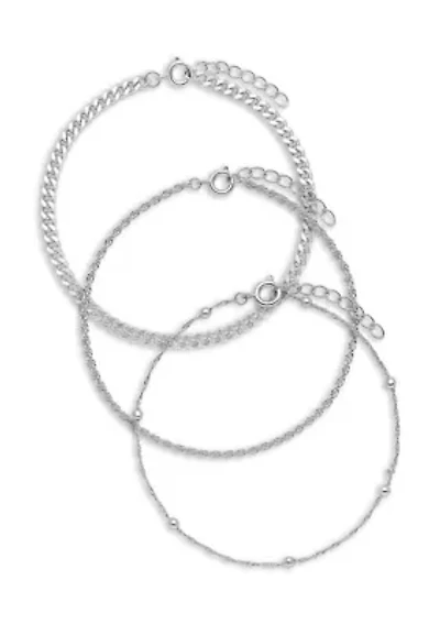 Fine Silver Plated Singapore Bead Station, Rope Chain, Curb Chain Bracelet 