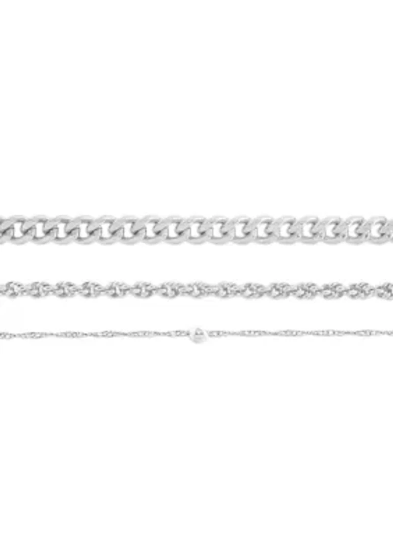Fine Silver Plated Singapore Bead Station, Rope Chain, Curb Chain Bracelet 