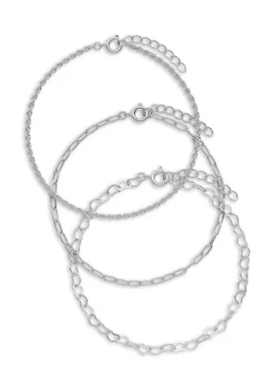 Fine Silver Plated Rope Bracelet, Heart Link Bracelet, And Paperclip Link Bracelet set