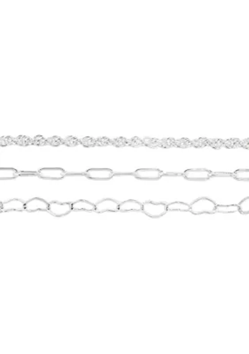 Fine Silver Plated Rope Bracelet, Heart Link Bracelet, And Paperclip Link Bracelet set