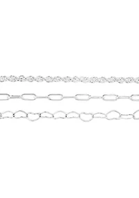 Fine Silver Plated Rope Bracelet, Heart Link Bracelet, And Paperclip Link Bracelet set