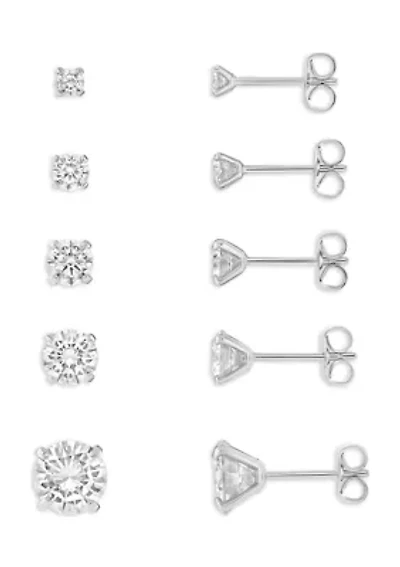 Silver Plated Cubic Zirconia 5-pair Stud Earrings Set