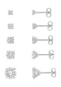 Silver Plated Cubic Zirconia 5-pair Stud Earrings Set