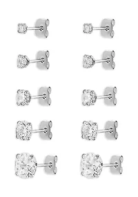 Silver Plated Cubic Zirconia 5-pair Stud Earrings Set