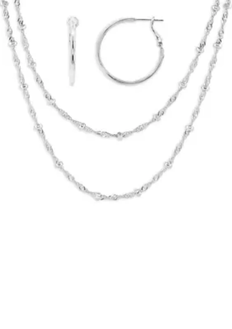 Fine Silver Plated Polished Hoop & Beaded Singapore Double Layered Necklace Set