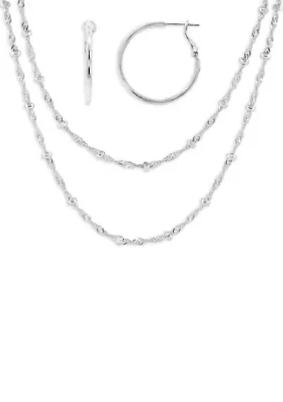 Fine Silver Plated Polished Hoop & Beaded Singapore Double Layered Necklace Set
