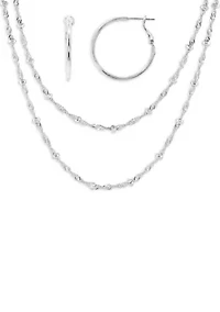 Fine Silver Plated Polished Hoop & Beaded Singapore Double Layered Necklace Set