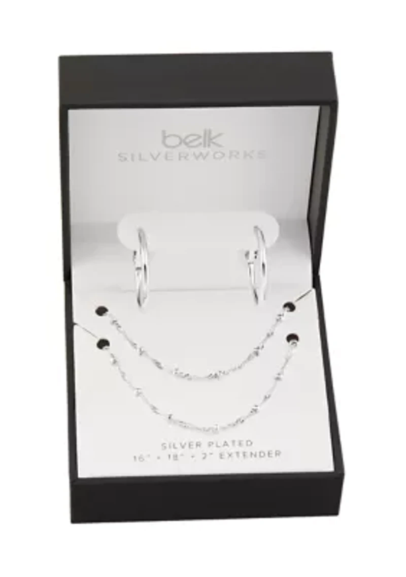 Fine Silver Plated Polished Hoop & Beaded Singapore Double Layered Necklace Set