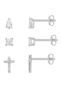Fine Silver Plated Cubic Zirconia Teardrop and Cross Stud Earrings Trio Set