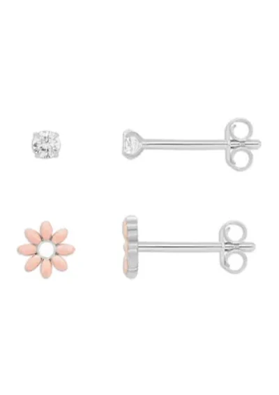 Fine Silver Plated Cubic Zirconia and Enamel Daisy Flower Stud Earrings Duo Set