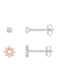 Fine Silver Plated Cubic Zirconia and Enamel Daisy Flower Stud Earrings Duo Set