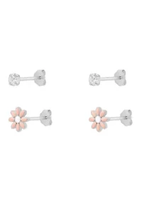 Fine Silver Plated Cubic Zirconia and Enamel Daisy Flower Stud Earrings Duo Set