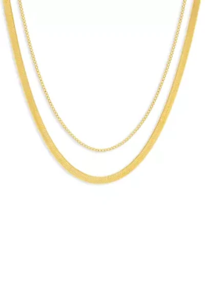 Fine Plated Box & Herringbone Chain Duo Necklace Set