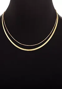 Fine Plated Box & Herringbone Chain Duo Necklace Set