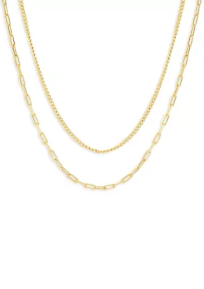 Gold Plated Baby Curb & Paperclip Chain Duo Necklace Set